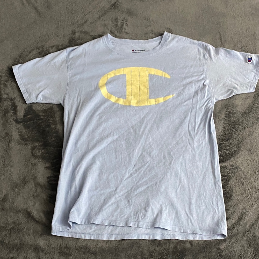 Champion Sky Blue T-Shirt With Yellow Logo Size M